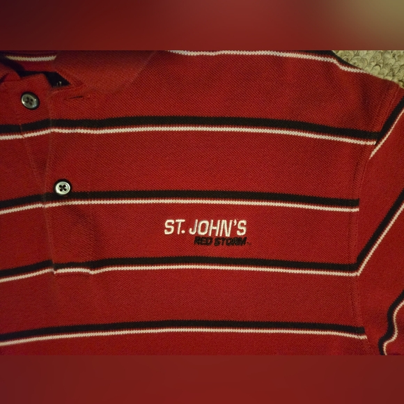 St. John's University Red Storm Red w/ Stripe Polo Shirt Size Medium Ashworth - Picture 2 of 13
